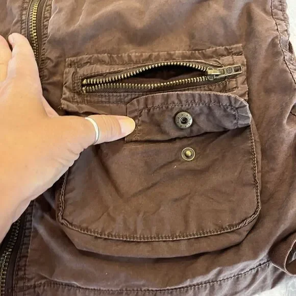 Twill 22 Twenty Two Jacket Womens L Brown Bomber Draw Strings Pockets Hood Y2K - Picture 6 of 12